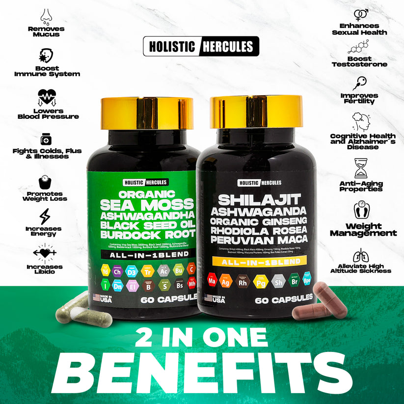 Two supplement bottles promoting various health benefits, including immune support, weight management, and increased energy.
