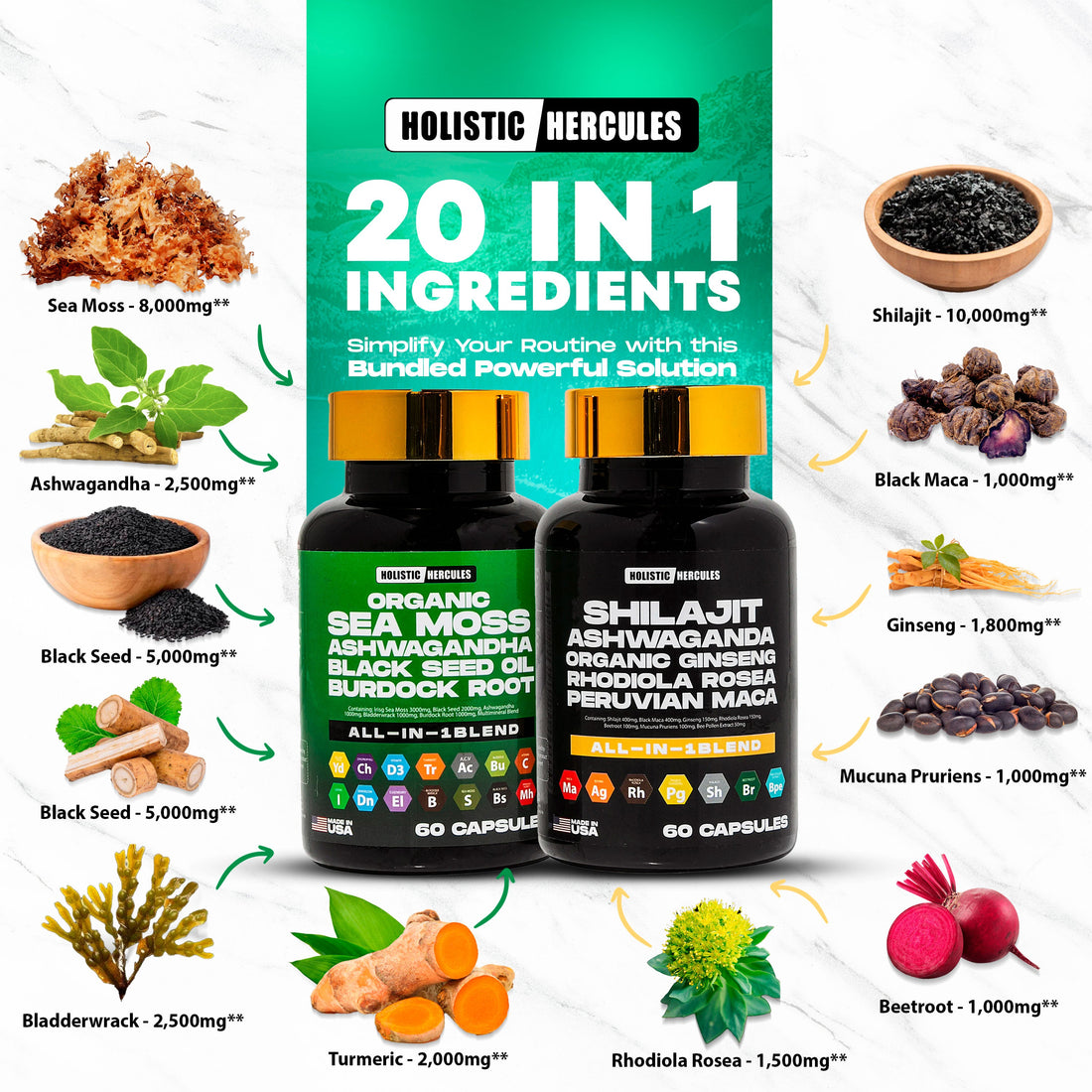 Two supplement bottles surrounded by images of natural ingredients and their respective quantities.